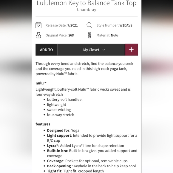 Lululemon Key To Balance Tank- Chambray. Size 14. No pads. - Picture 2 of 9